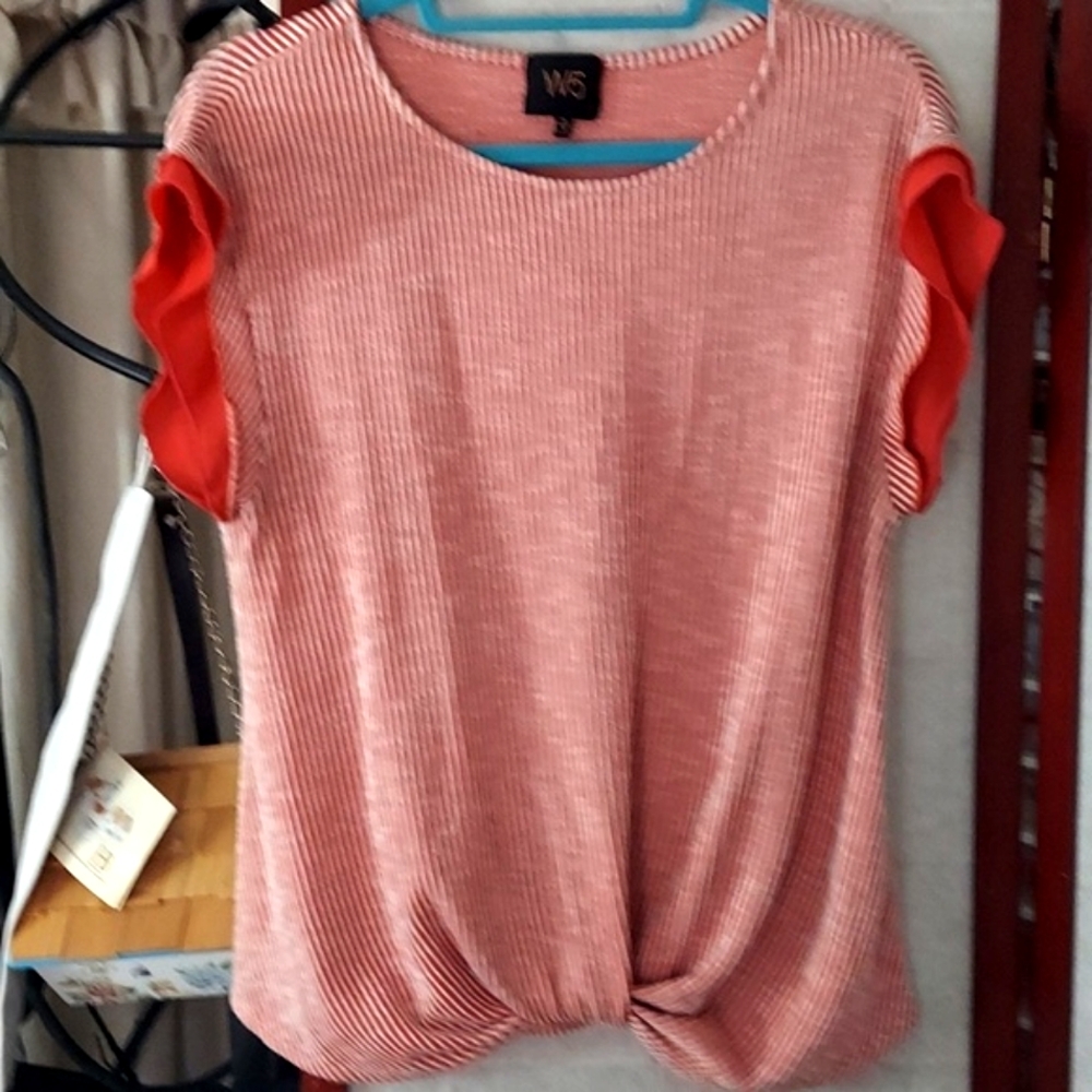 W5 Red & White Stripe short Flutter sleeve knotted Top Sz XL